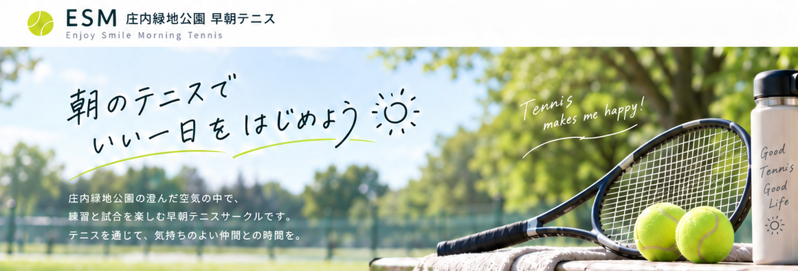 ＥＳＭ 庄内緑地公園早朝テニス。朝のテニスでいい一日をはじめよう。庄内緑地公園の澄んだ空気の中で、練習と試合を楽しむ早朝テニスサークルです。